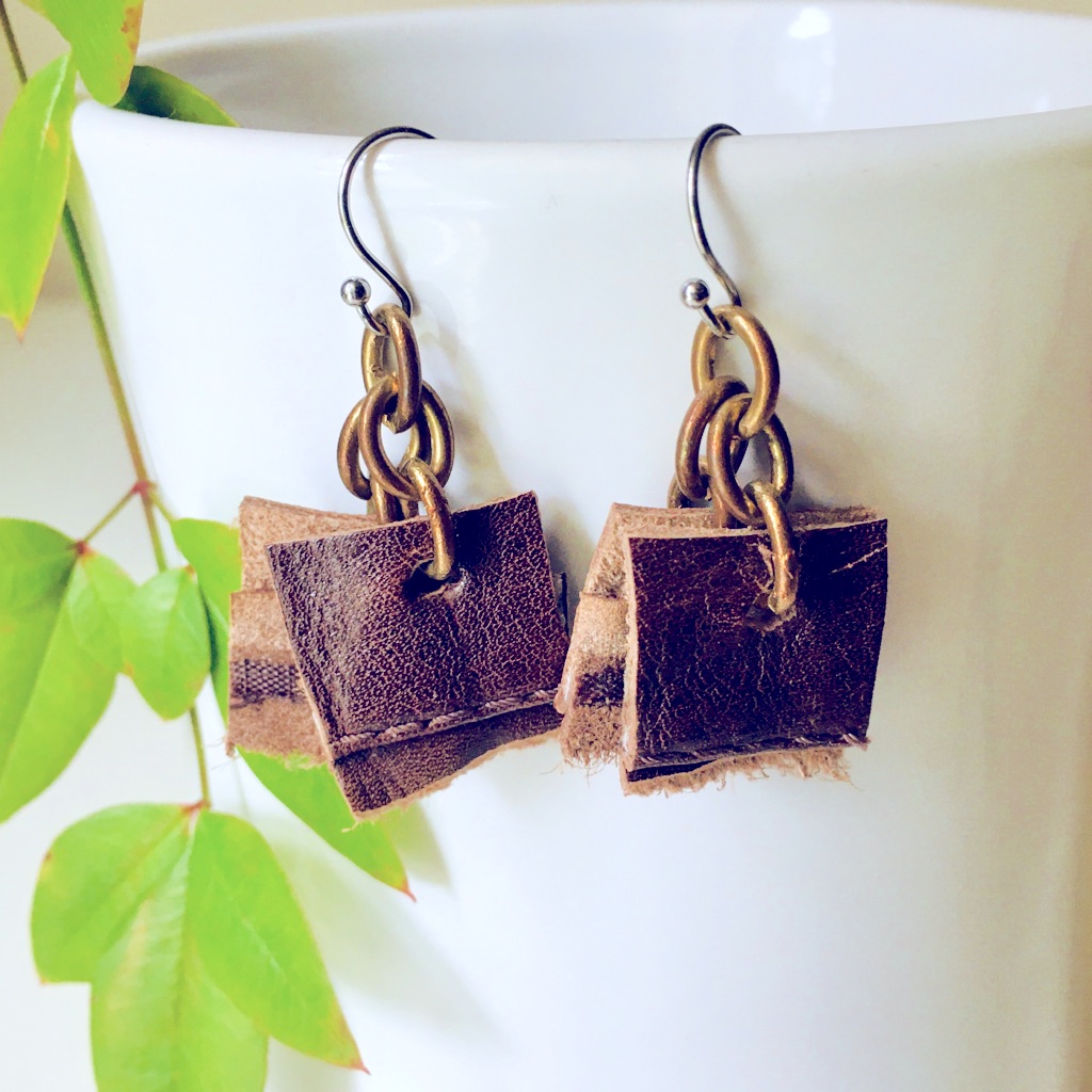 Small Cowhide Double Squares Pendant Drop Earrings